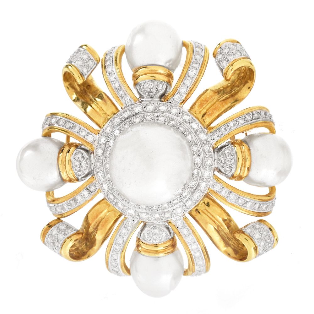 Appraisal: Pearl Diamond and K Gold Brooch Large Vintage South Sea