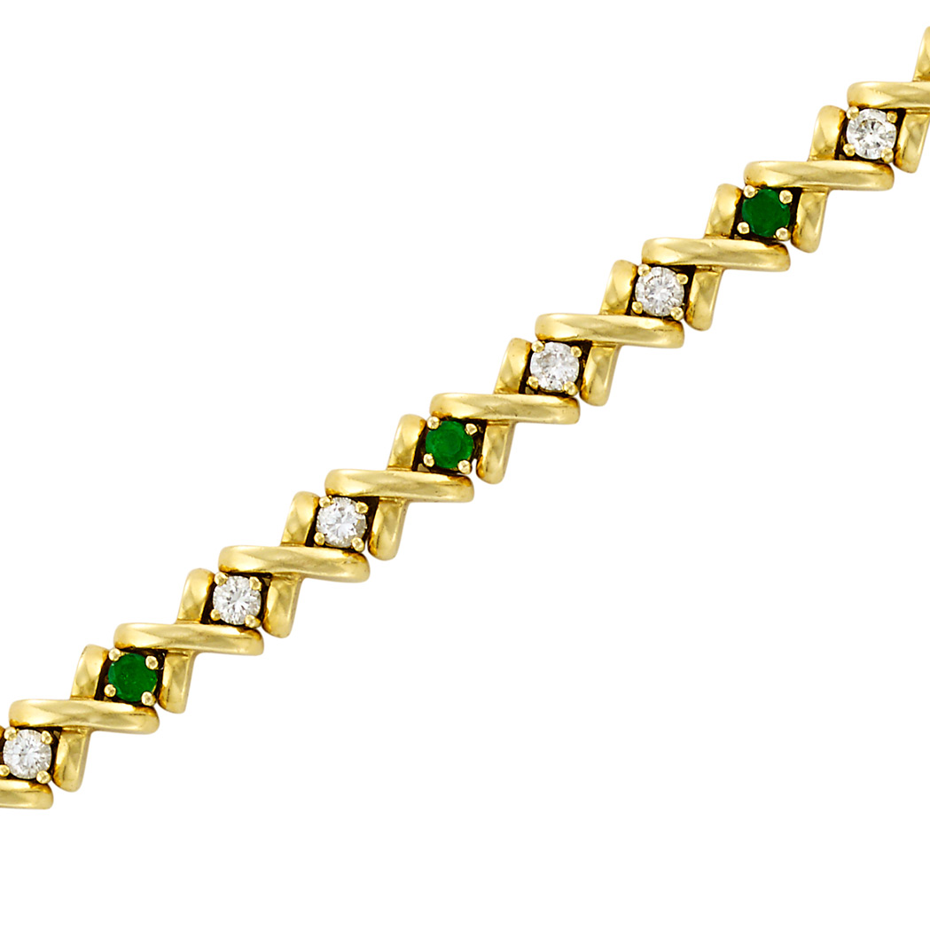 Appraisal: Gold Diamond and Emerald Bracelet kt round diamonds ap cts