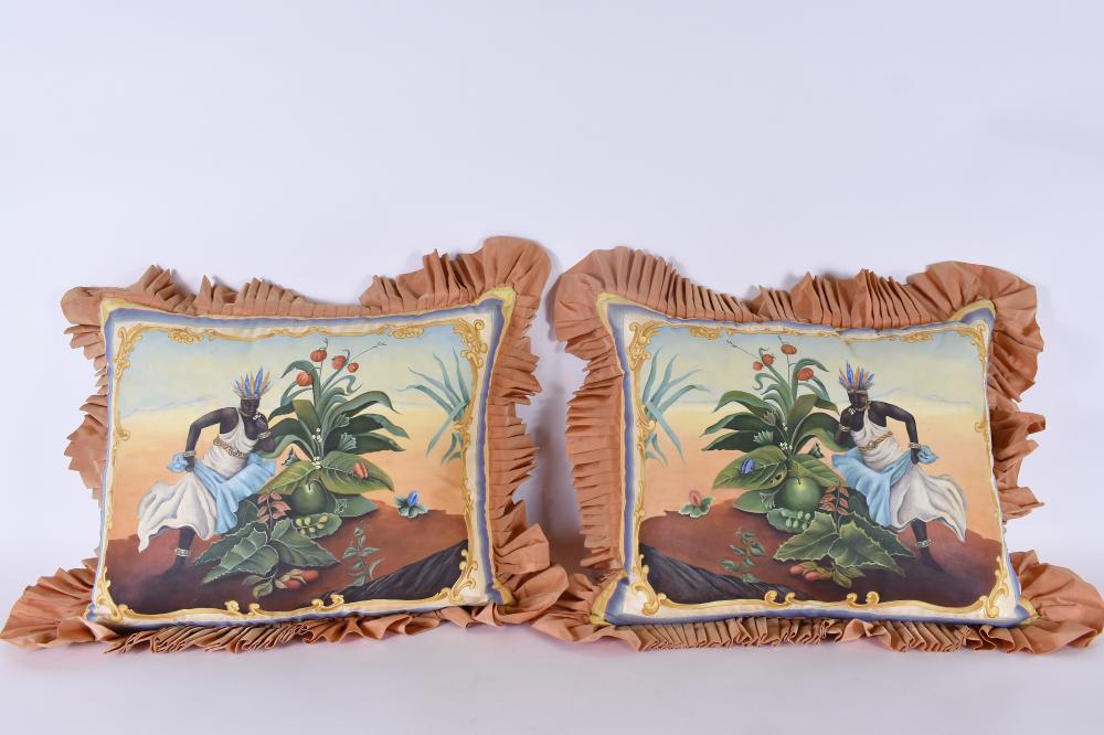 Appraisal: PAIR OF HAND PAINTED SILK PILLOWSEach depicting a blackamoor with