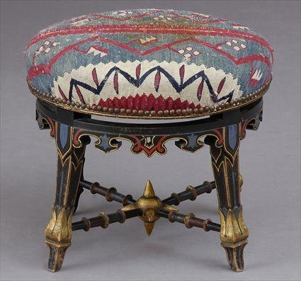 Appraisal: VICTORIAN PAINTED TABOURET WITH KILIM FABRIC SEAT The circular seat