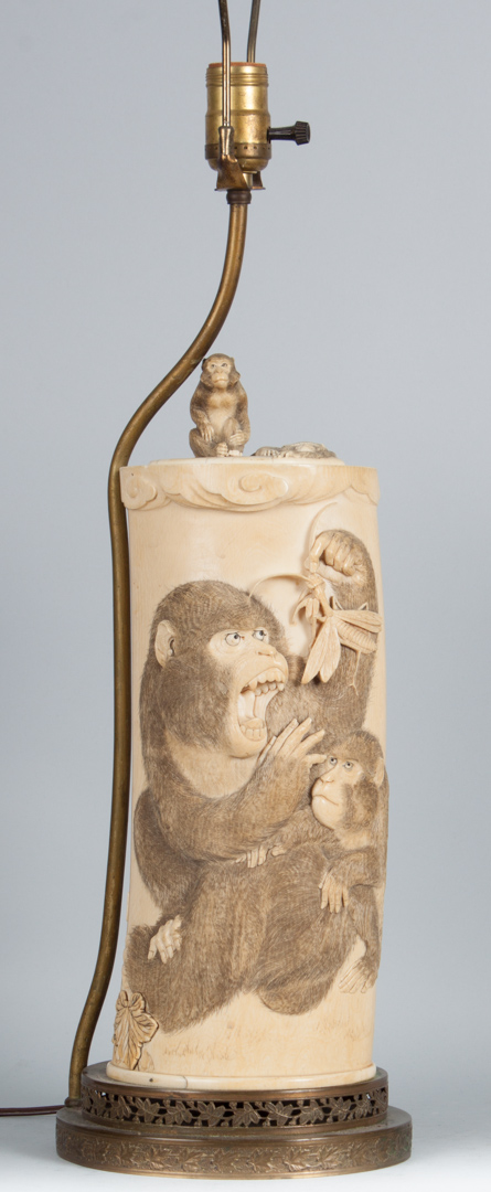 Appraisal: Japanese carved ivory box mounted as lamp tusk section hollowed