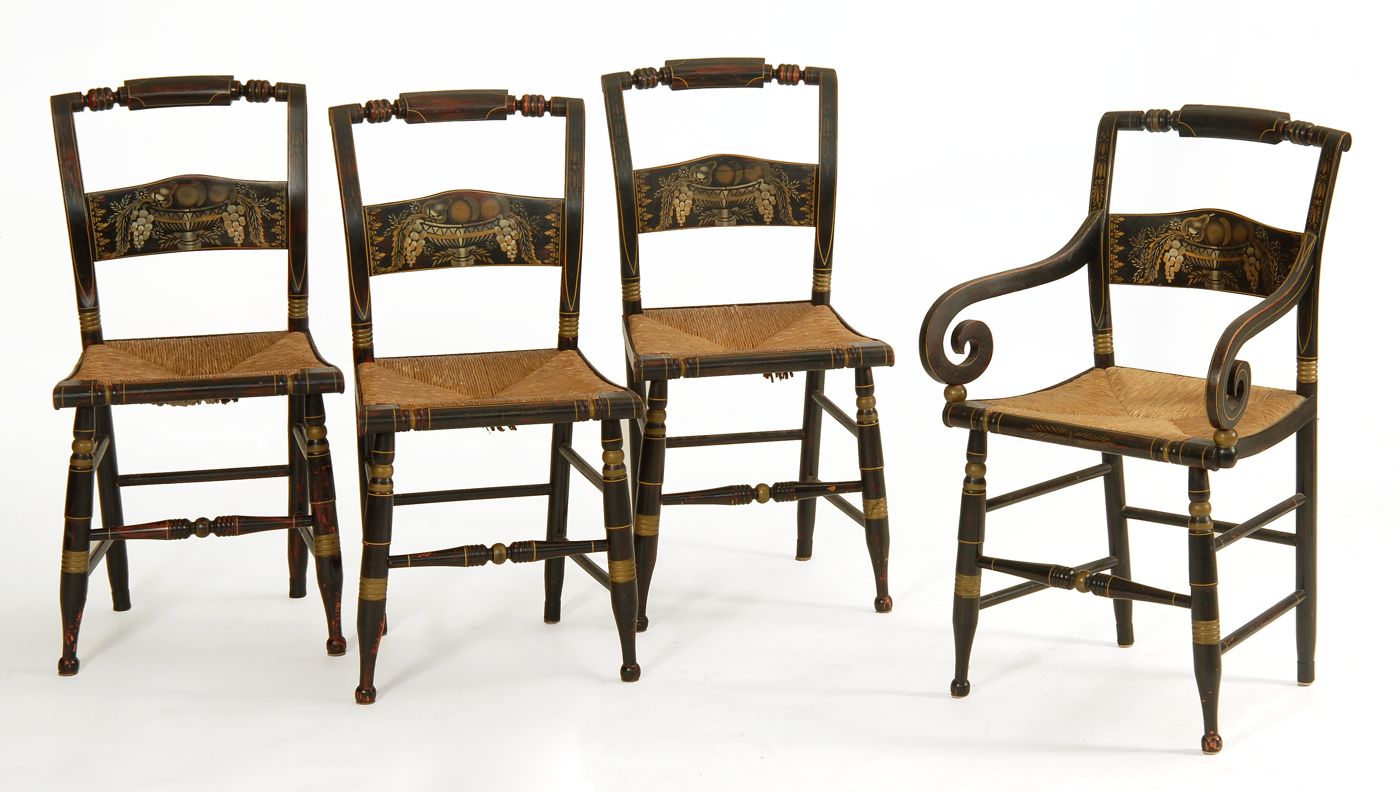 Appraisal: SET OF FOUR HITCHCOCK RUSH-SEAT CHAIRS With original stenciled and