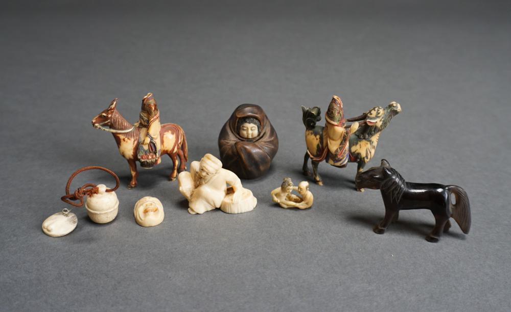 Appraisal: GROUP WITH JAPANESE CARVINGS AND HARDSTONE HORSEGroup with Japanese Carvings