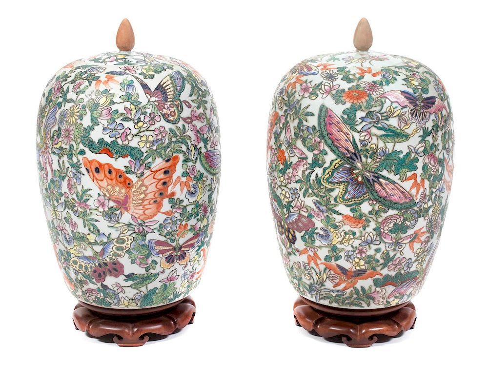 Appraisal: A Pair of Chinese Famille Rose Porcelain Covered Jars Height