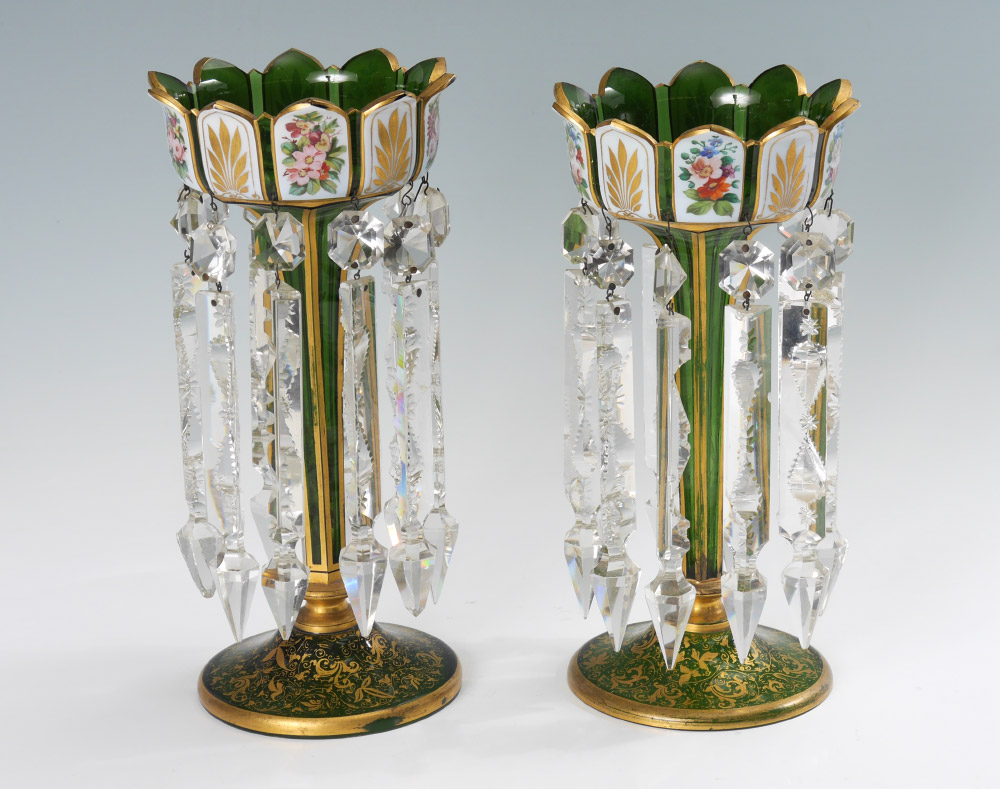 Appraisal: BOHEMIAN GLASS LUSTRES Moser quality green glass with applied enamel