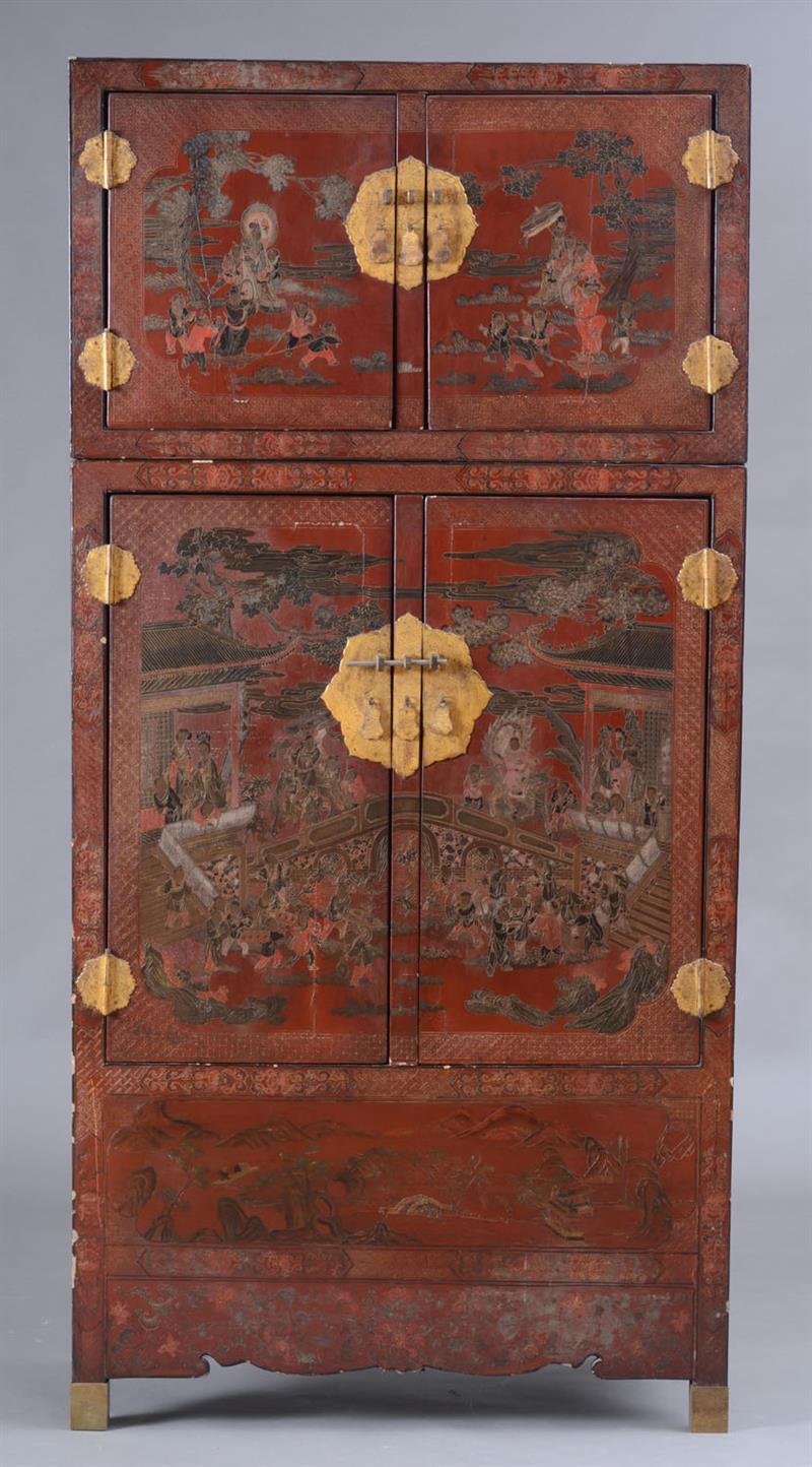 Appraisal: CHINESE RED GILT-METAL-MOUNTED LACQUER TWO-PART CABINET ft in x in