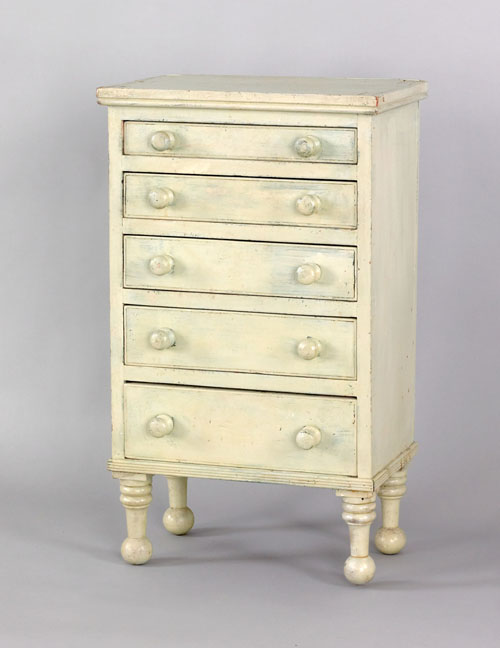 Appraisal: Pennsylvania Sheraton child's chest ca with five drawers and turned