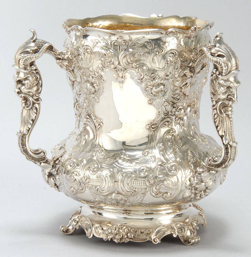 Appraisal: GORHAM STERLING SILVER THREE-HANDLED LOVING CUP In Renaissance-style with chased