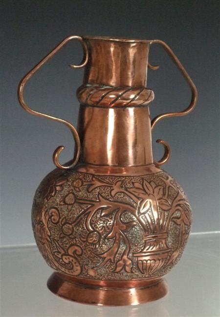 Appraisal: KESWICK SCHOOL OF INDUSTRIAL ARTS TWIN-HANDLED VASE copper decorated with