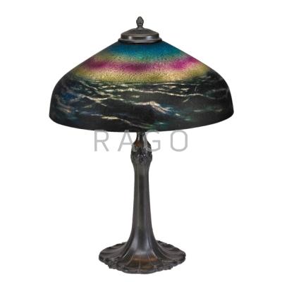 Appraisal: PITTSBURGH TABLE LAMP Chipped ice shade with reverse painted seascape