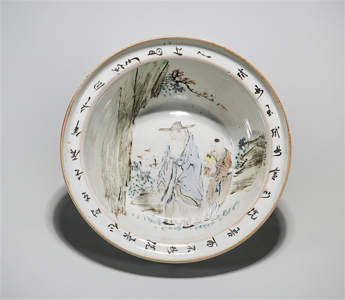 Appraisal: Old Chinese painted and enameled porcelain basin depicting a scholar