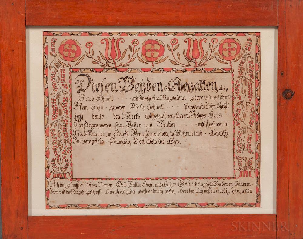 Appraisal: Pennsylvania Baptismal Fraktur for Philip Schmel Pennsylvania Baptismal Fraktur for