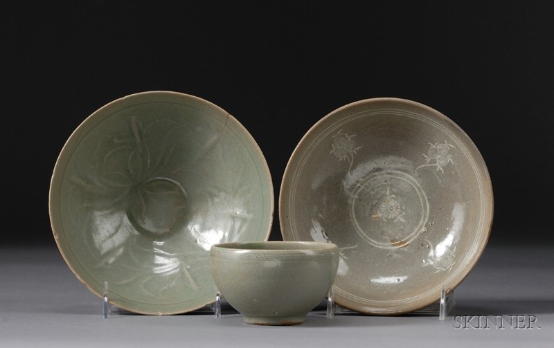 Appraisal: Three Celadon Bowls Korea Koryo period th century one with