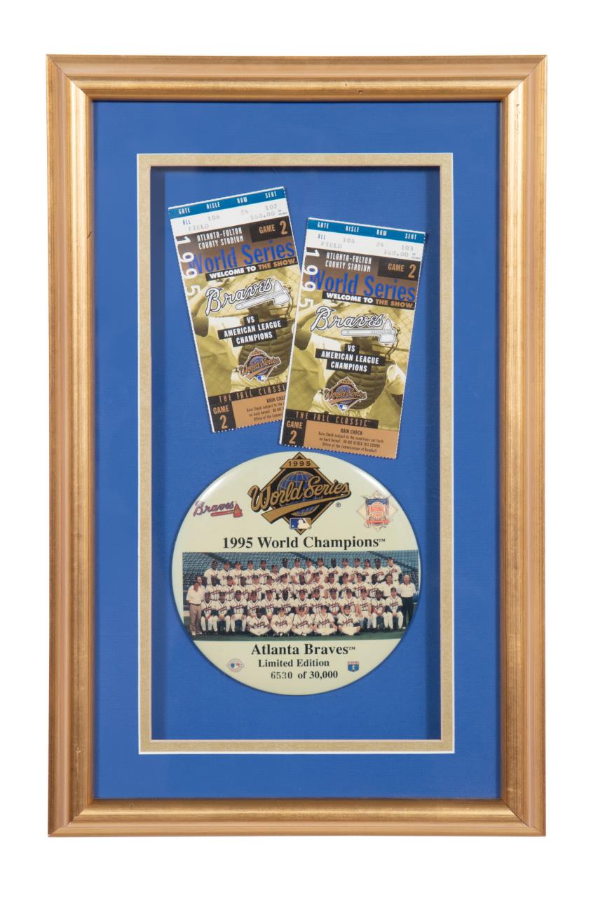 Appraisal: BRAVES WORLD SERIES L E BUTTON TICKET STUB Framed World