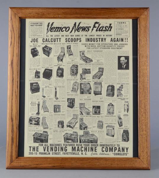 Appraisal: Vemco Coin-Op Advertising Sheet An oak frame and glass front