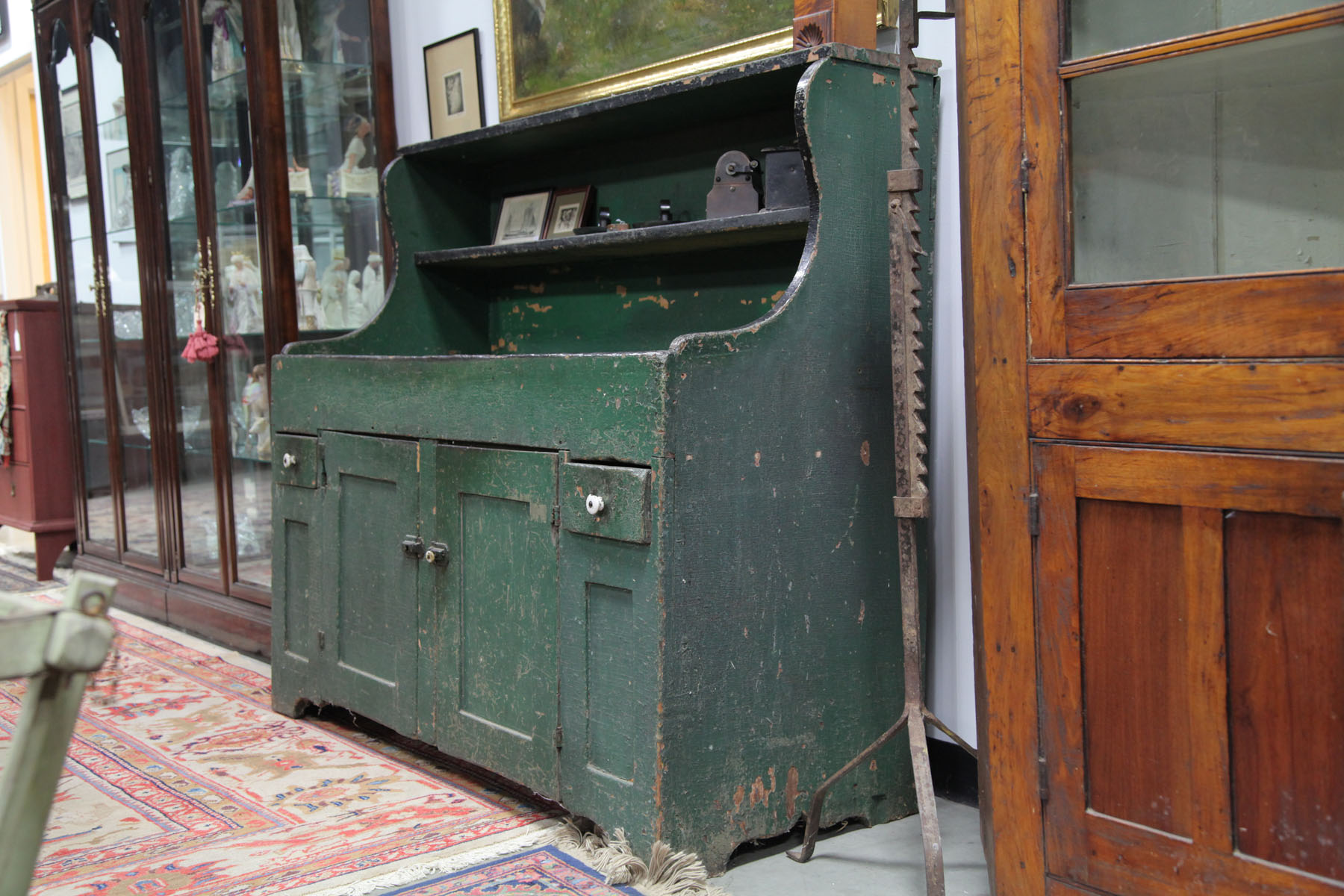 Appraisal: HUTCHBACK DRYSINK American mid th century Shaped hutch back with