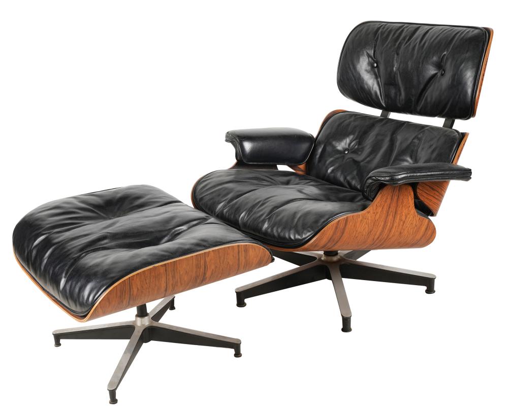 Appraisal: CHARLES EAMES HERMAN MILLER CHAIR OTTOMAN black leather rosewood plywood