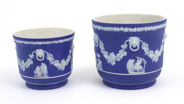 Appraisal: WEDGWOOD BLUE JASPERWARE CACHEPOT th CENTURY of cylindrical form applied