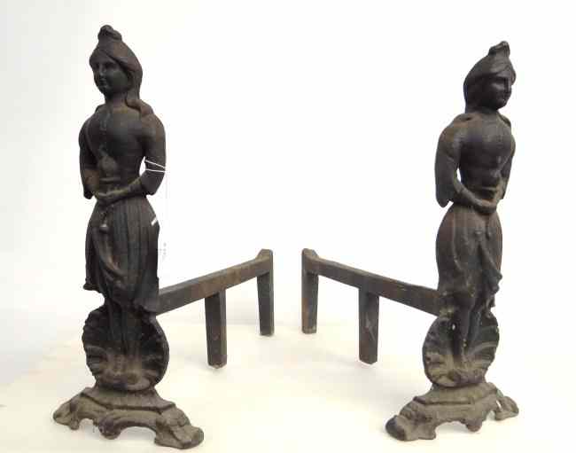 Appraisal: Pair th c cast iron Lady Columbia andirons '' Ht