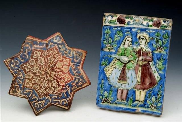 Appraisal: A PERSIAN QAJAR DYNASTY TILE decorated with musicians in polychrome