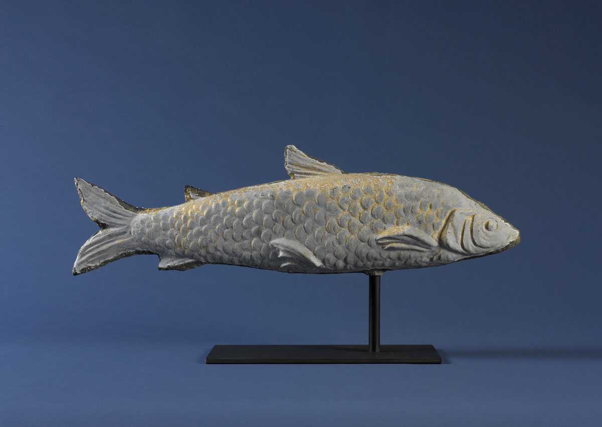 Appraisal: FULL-BODIED FISH WEATHERVANE Molded zinc Now on rod and stand