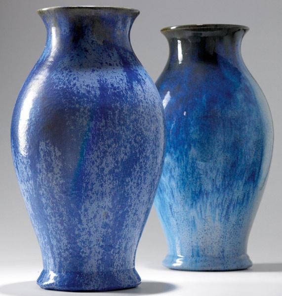 Appraisal: FULPER Two tall classically-shaped vases covered in Chinese Blue Crystalline