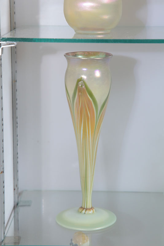 Appraisal: ART GLASS VASE Unattributed Iridescent pulled feather decoration in gold