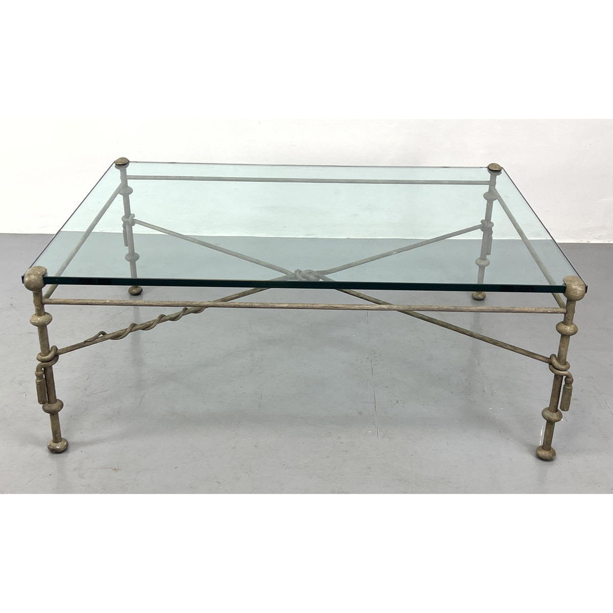 Appraisal: Large Decorator Glass Top Coffee Table Iron frame stretcher with