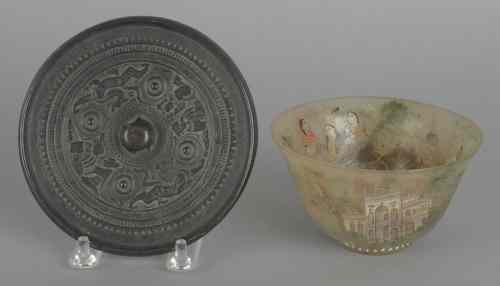 Appraisal: A painted jade cup together with a bronze mirror h