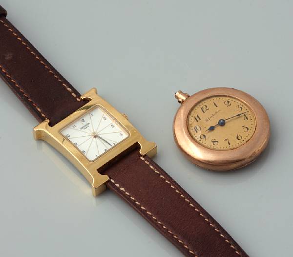 Appraisal: A lady's strap wristwatch Hermes together with a metal pocketwatch