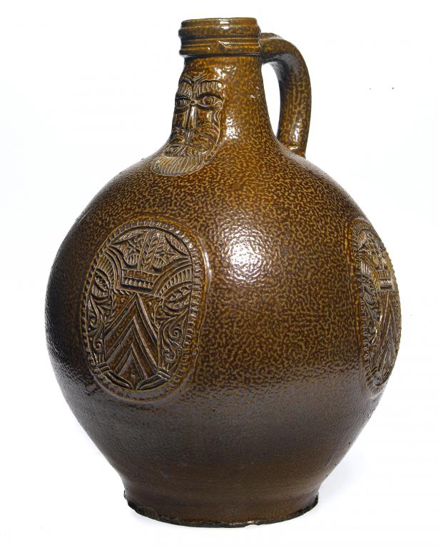 Appraisal: A RHENISH SALTGLAZED STONEWARE BELLARMINE BOTTLE COLOGNE bulbous form with