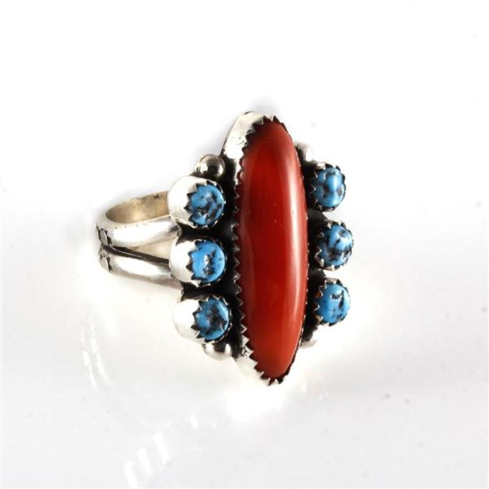 Appraisal: VINTAGE NATIVE AMERICAN INDIAN STERLING CORAL RING WITH SIX TURQUOISE