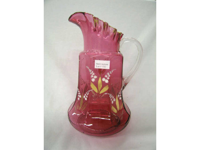 Appraisal: Victorian Enameled Cranberry Glass Pitcher lily of the valley decor