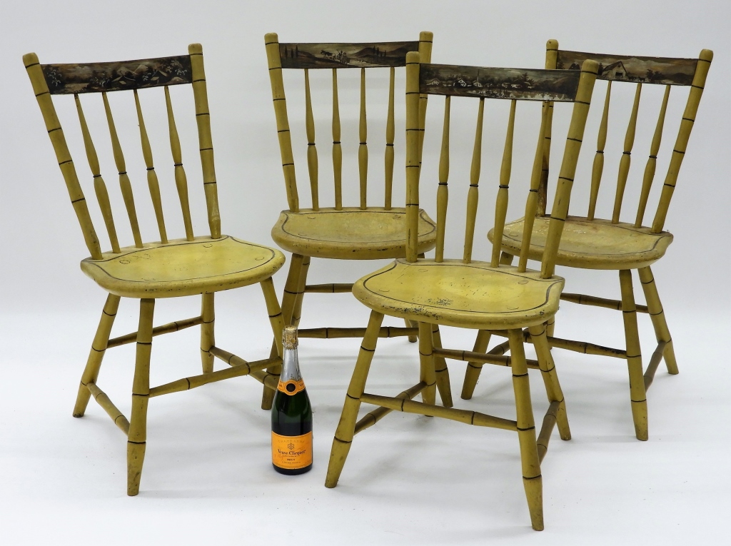 Appraisal: PC YELLOW PAINTED LANDSCAPE WINDSOR CHAIRS United States Early th