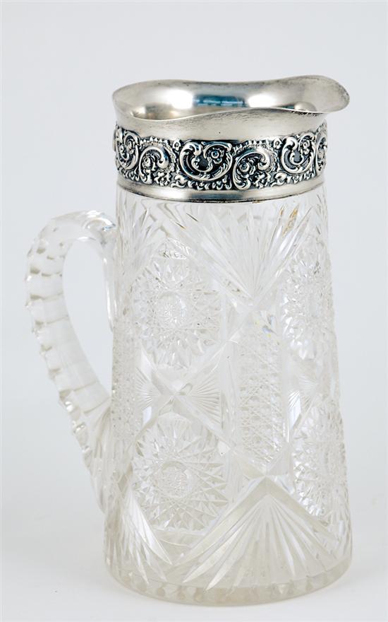 Appraisal: American sterling and cut-crystal pitcher scrollwork chased silver collar on