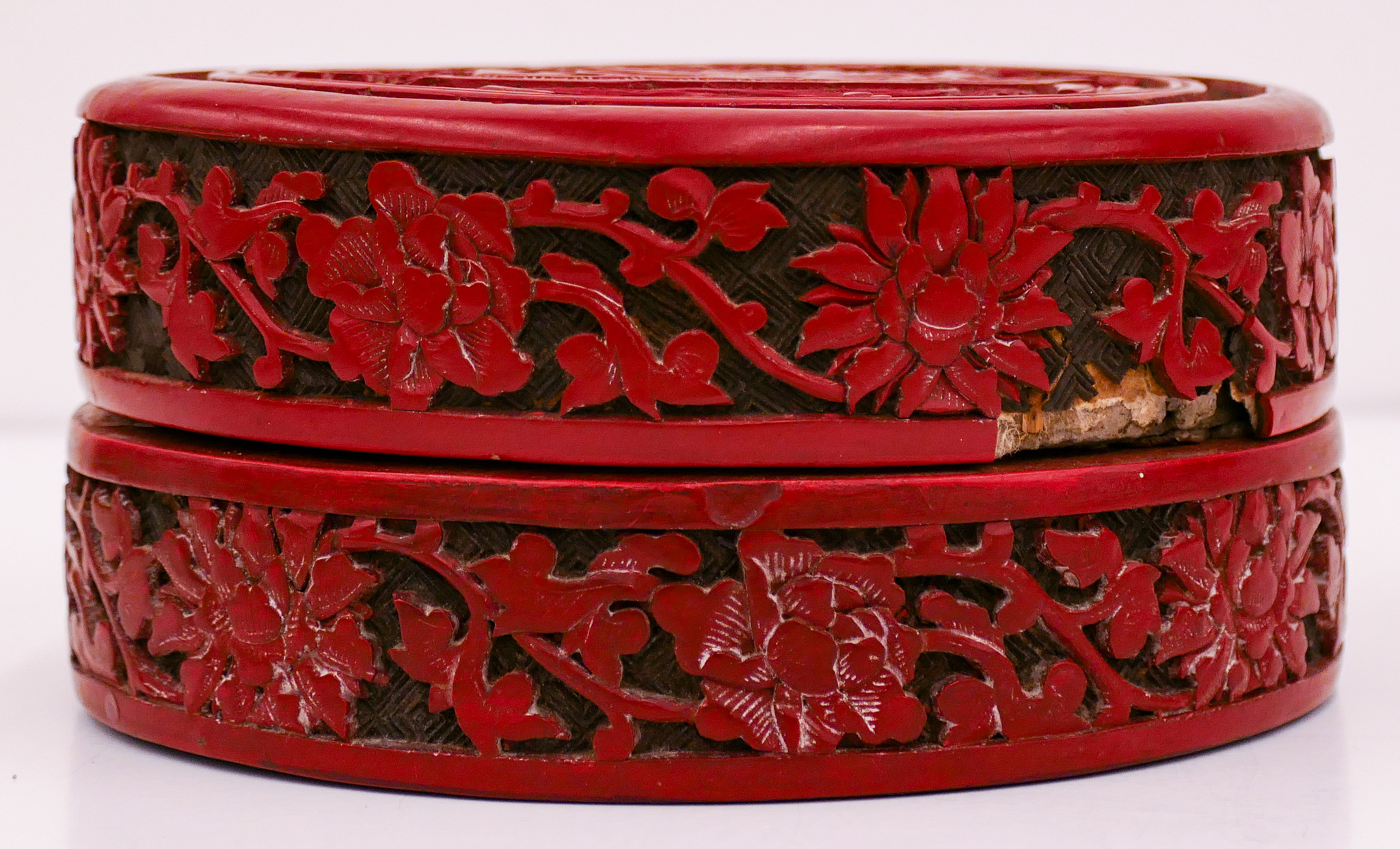 Appraisal: Meiji Japanese Cinnabar Round Box ''x '' - Some scattered