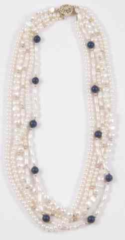 Appraisal: PEARL AND LAPIS LAZULI NECKLACE the five strand necklace is