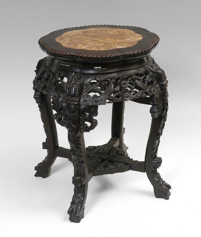 Appraisal: ROSEWOOD CARVED CHINESE MARBLE TOP STAND Shaped marble inset top