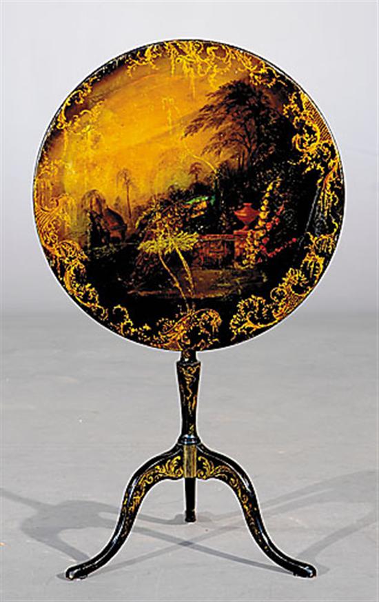 Appraisal: Victorian papier-mache tilt-top table circular top decorated with peacock in