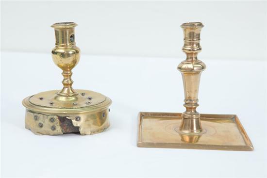 Appraisal: TWO BRASS CANDLESTICKS Early One with square base and threaded