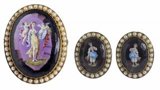 Appraisal: kt Painted Amethyst Brooch and Earrings brooch with handpainted scene