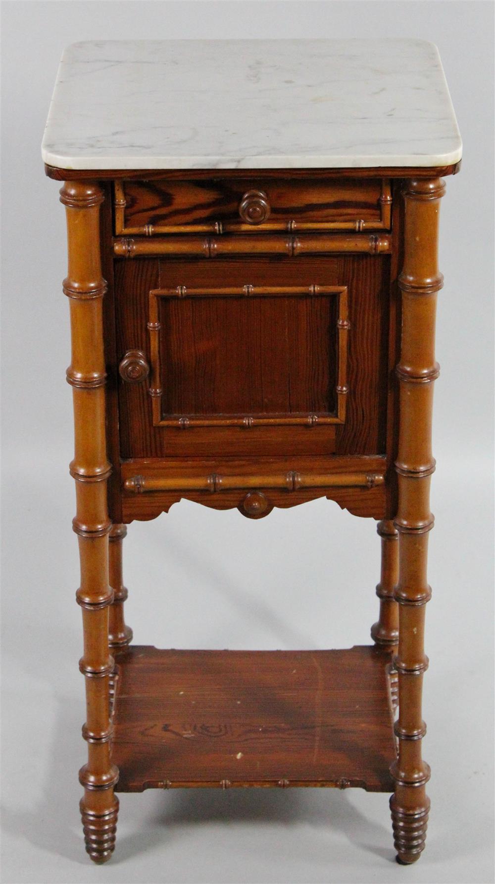 Appraisal: VICTORIAN STYLE PINE FAUX BAMBOO BEDSIDE CABINET WITH WHITE MARBLE