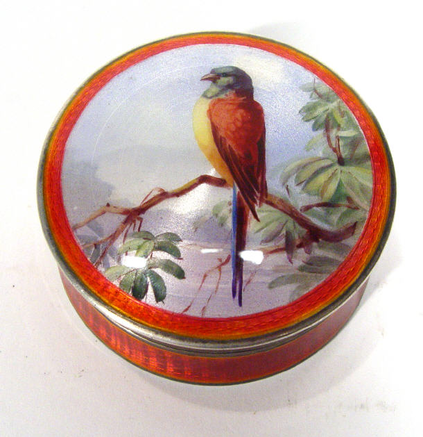 Appraisal: Circular grade continental silver powder box and cover enamelled with