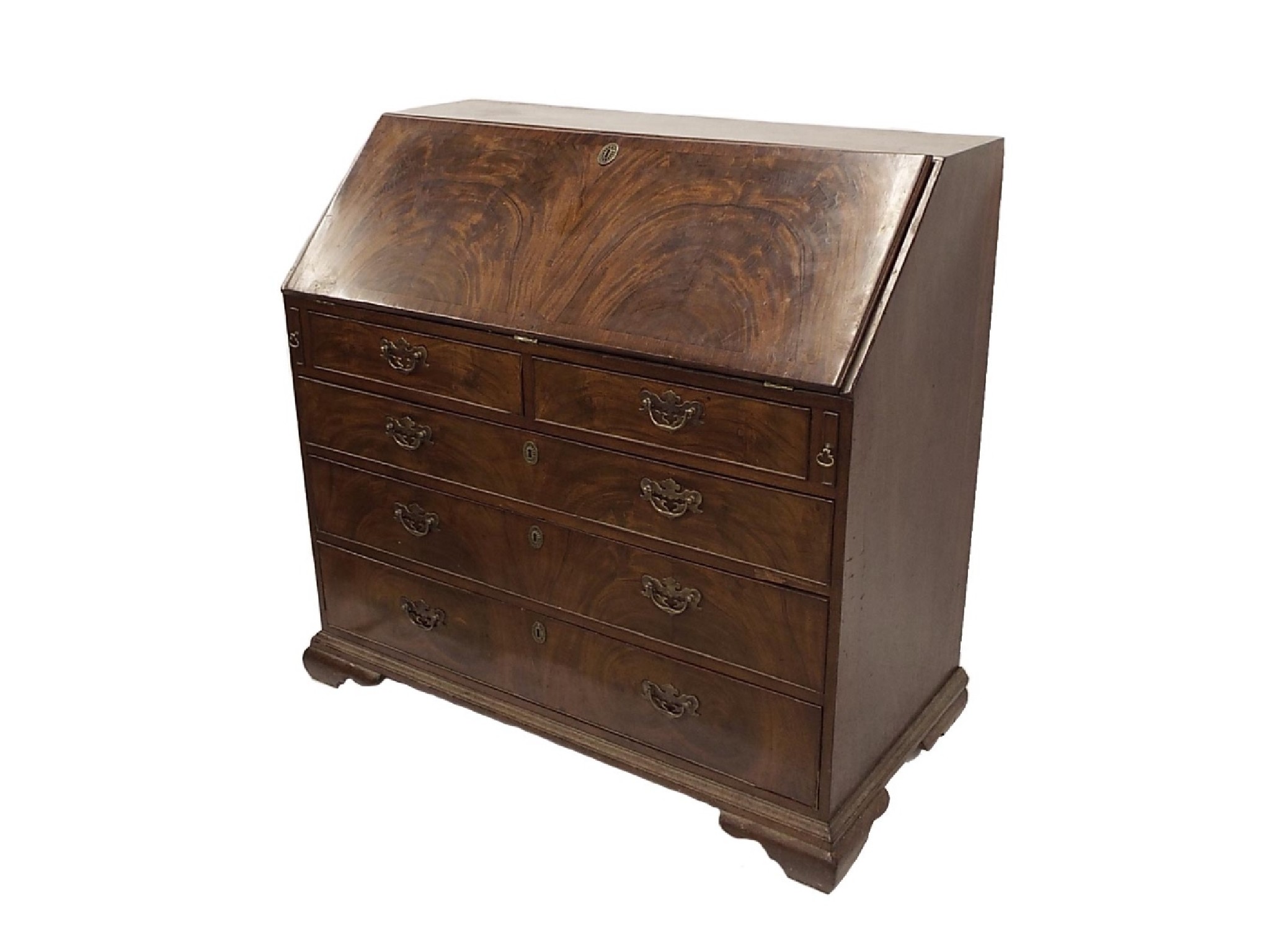 Appraisal: Georgian flame mahogany bureau the fall front enclosing a good