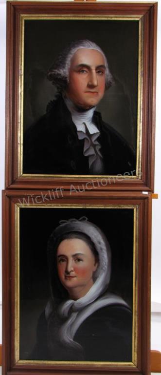 Appraisal: A pair of framed reverse paintings depicting George and Martha