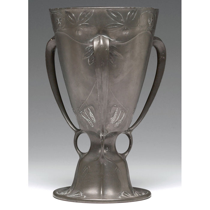 Appraisal: Kayserzinn vase large form with three handles in hammered pewter