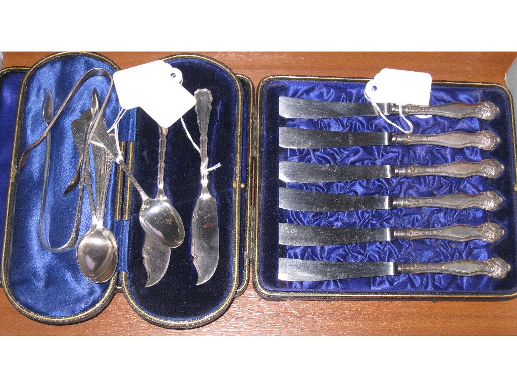 Appraisal: Lot comprising cased set of six silver handled knives a