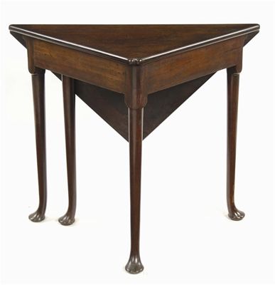 Appraisal: A mahogany triangular drop-leaf table the hinged top with re-entrant