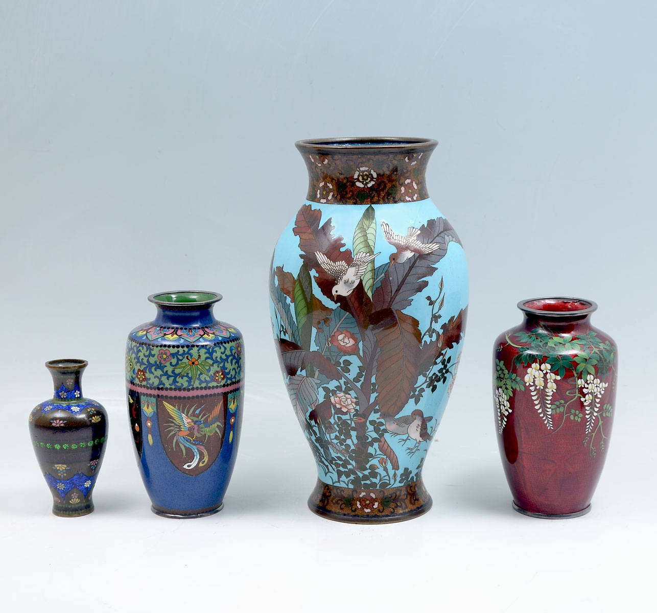 Appraisal: PC JAPANESE CLOISONNE VASES Comprising - Red vase with a