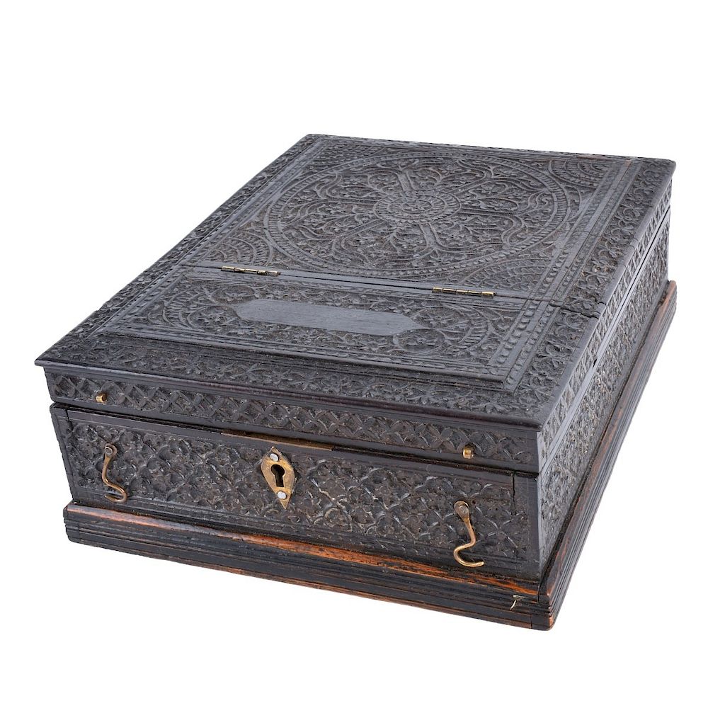 Appraisal: Antique Moroccan Box Antique Moroccan Carved Wood and Inlaid Box